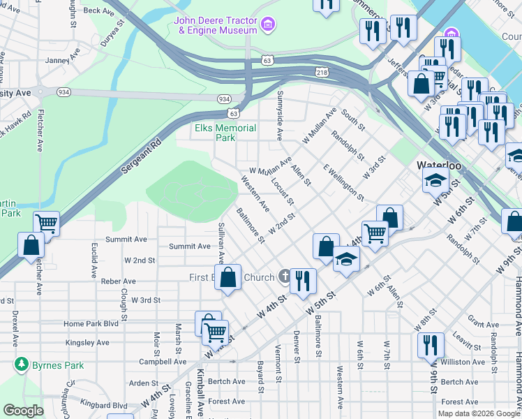 map of restaurants, bars, coffee shops, grocery stores, and more near 234 Western Avenue in Waterloo