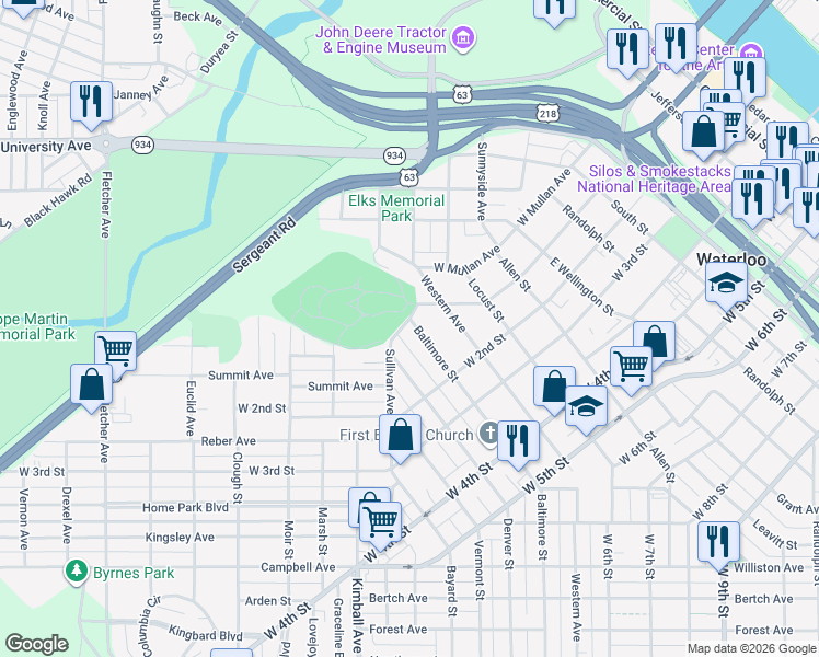 map of restaurants, bars, coffee shops, grocery stores, and more near 206 Baltimore Street in Waterloo