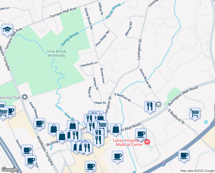 map of restaurants, bars, coffee shops, grocery stores, and more near 102 Lexington Street in Burlington