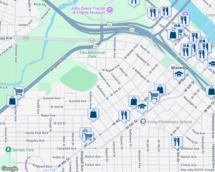 map of restaurants, bars, coffee shops, grocery stores, and more near 234 Western Avenue in Waterloo