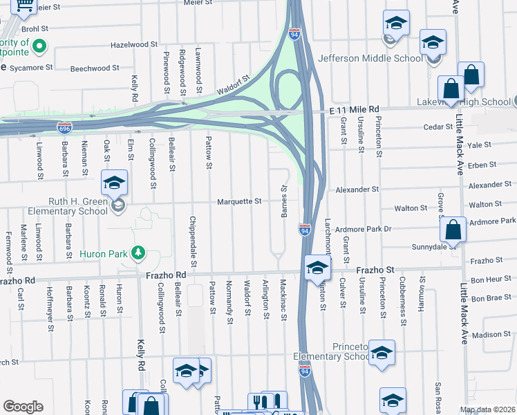 map of restaurants, bars, coffee shops, grocery stores, and more near 26315 Arlington Street in Roseville