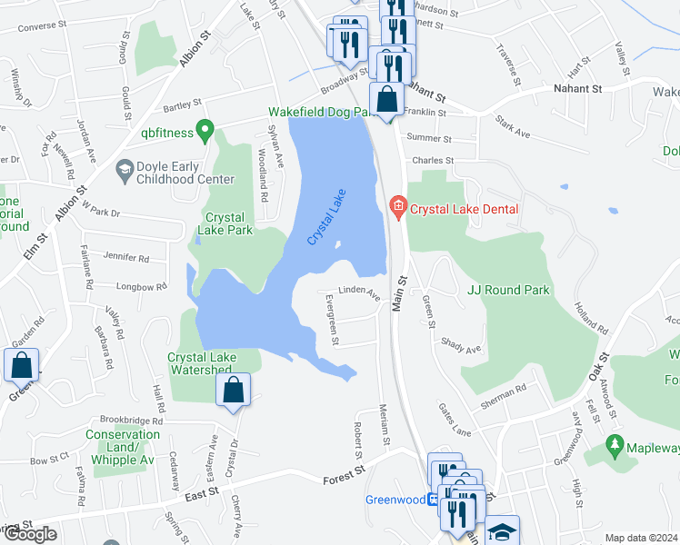 map of restaurants, bars, coffee shops, grocery stores, and more near 3 Linden Avenue in Wakefield