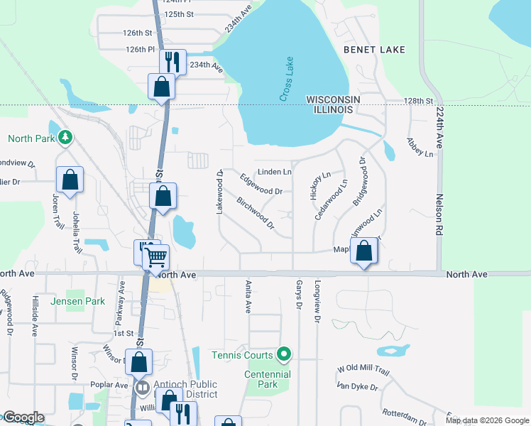 map of restaurants, bars, coffee shops, grocery stores, and more near 426 Birchwood Drive in Antioch