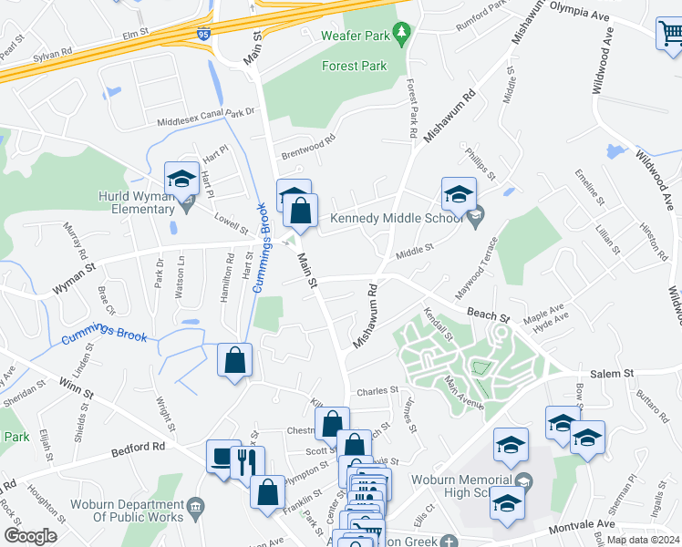 map of restaurants, bars, coffee shops, grocery stores, and more near 14 Clinton Street in Woburn