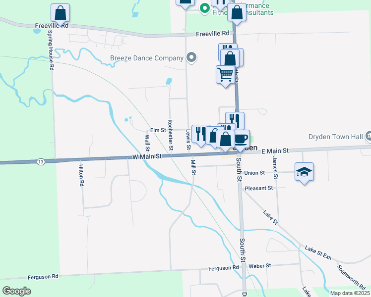 map of restaurants, bars, coffee shops, grocery stores, and more near 52 West Main Street in Dryden