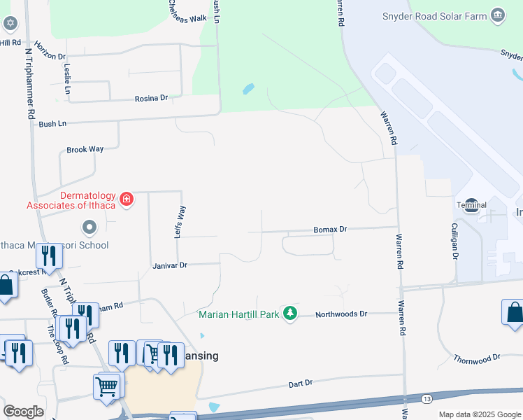 map of restaurants, bars, coffee shops, grocery stores, and more near 2 Nor Way in Ithaca