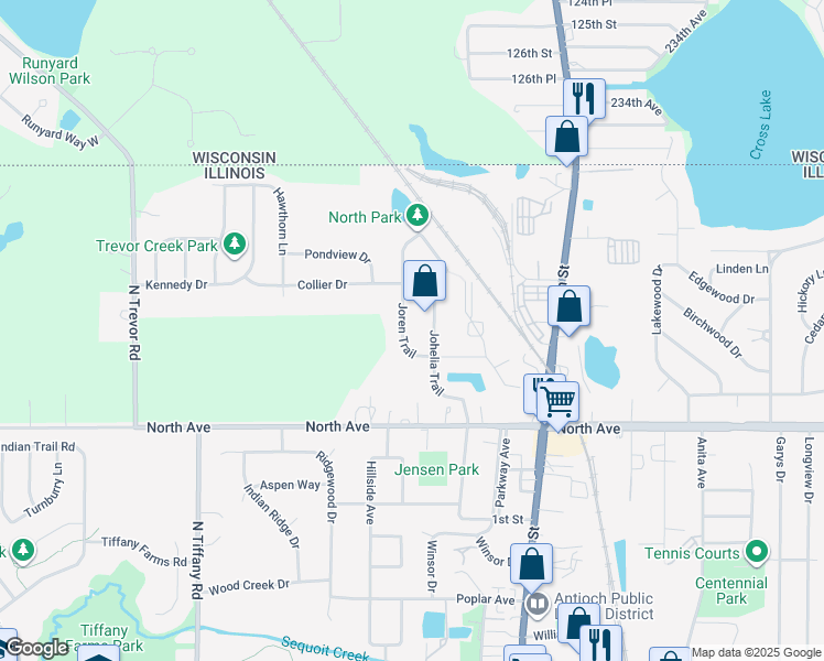 map of restaurants, bars, coffee shops, grocery stores, and more near 423 Joren Trail in Antioch