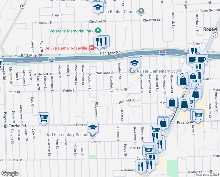 map of restaurants, bars, coffee shops, grocery stores, and more near 26400 Blumfield Street in Roseville