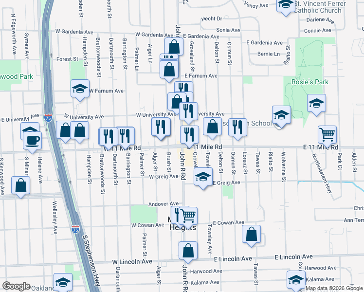 map of restaurants, bars, coffee shops, grocery stores, and more near East 11 Mile Road & John R Road in Madison Heights