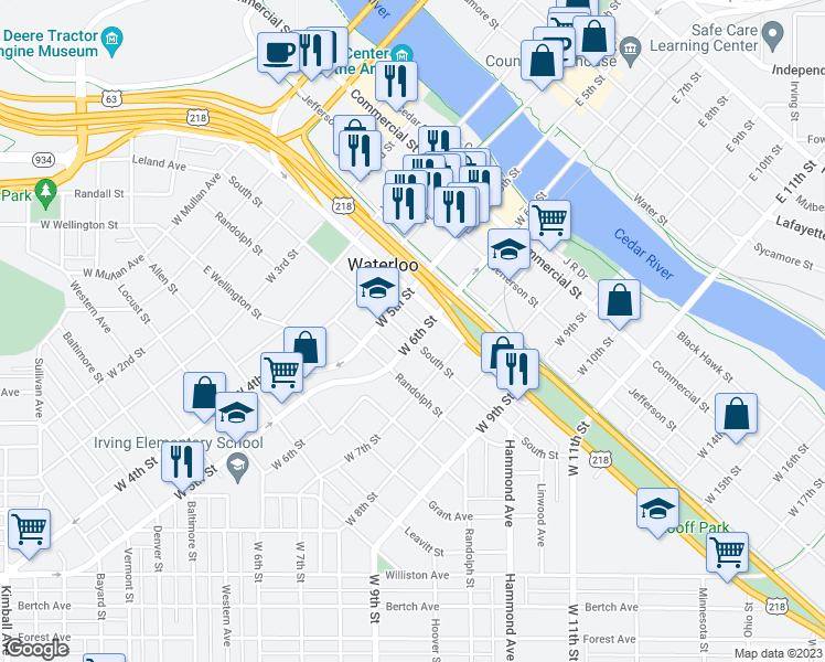 map of restaurants, bars, coffee shops, grocery stores, and more near 727 South Street in Waterloo