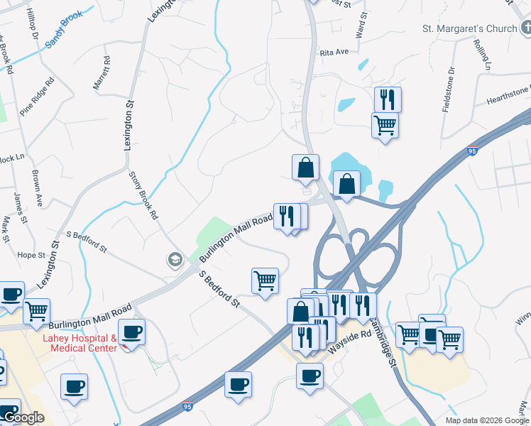 map of restaurants, bars, coffee shops, grocery stores, and more near 20 Burlington Mall Road in Burlington