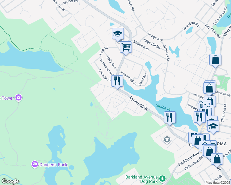 map of restaurants, bars, coffee shops, grocery stores, and more near 16 Shirley Road in Lynn