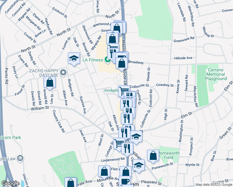 map of restaurants, bars, coffee shops, grocery stores, and more near 17 Kays Road in Stoneham