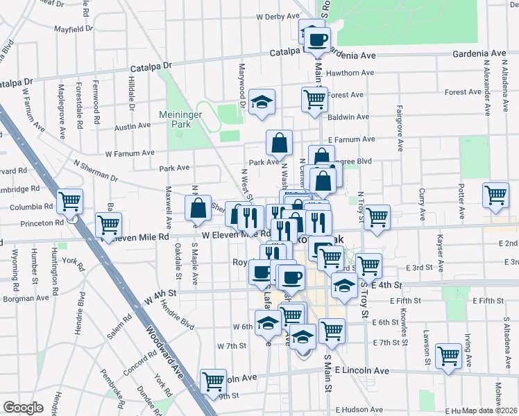 map of restaurants, bars, coffee shops, grocery stores, and more near 120A North Lafayette Avenue in Royal Oak