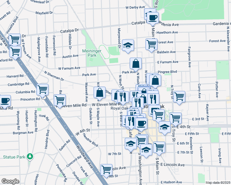 map of restaurants, bars, coffee shops, grocery stores, and more near 546 North Sherman Drive in Royal Oak