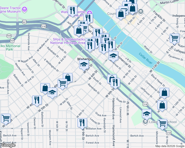 map of restaurants, bars, coffee shops, grocery stores, and more near 715 South Street in Waterloo