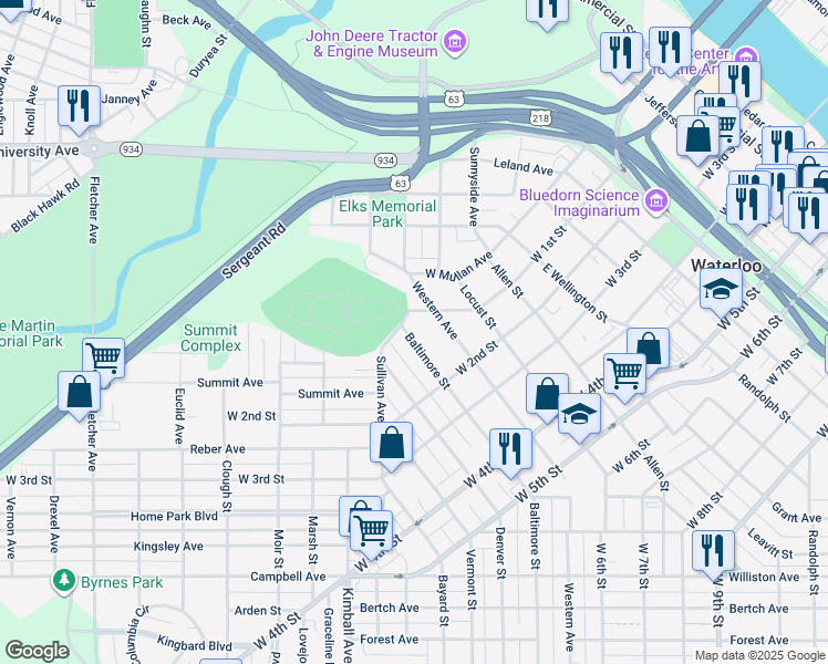 map of restaurants, bars, coffee shops, grocery stores, and more near 206 Baltimore Street in Waterloo