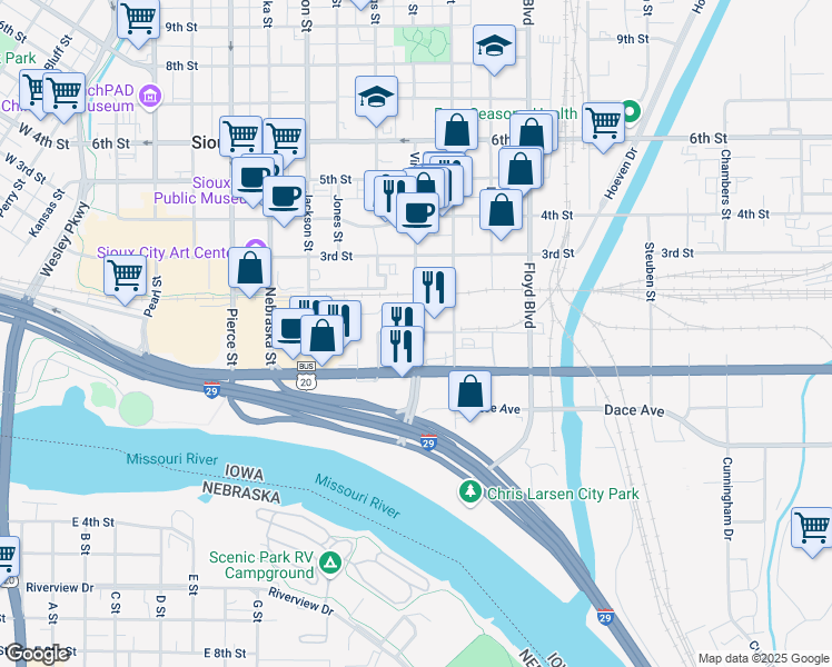 map of restaurants, bars, coffee shops, grocery stores, and more near in Sioux City