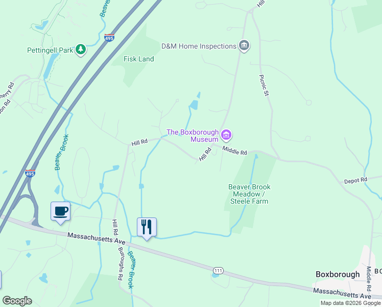 map of restaurants, bars, coffee shops, grocery stores, and more near 384 Hill Road in Boxborough