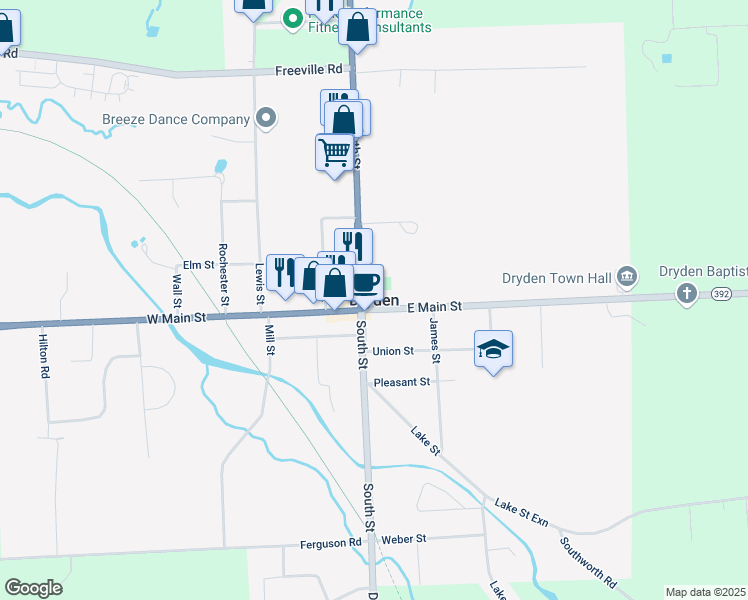 map of restaurants, bars, coffee shops, grocery stores, and more near in Dryden