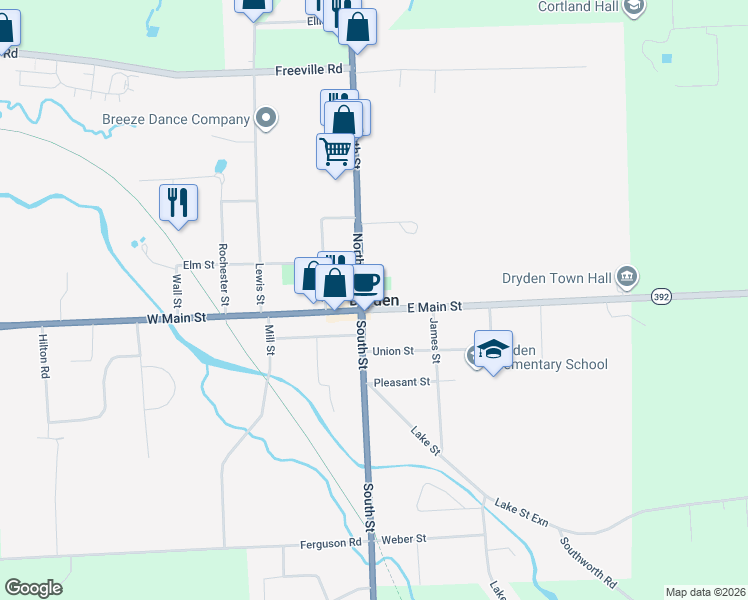 map of restaurants, bars, coffee shops, grocery stores, and more near in Dryden
