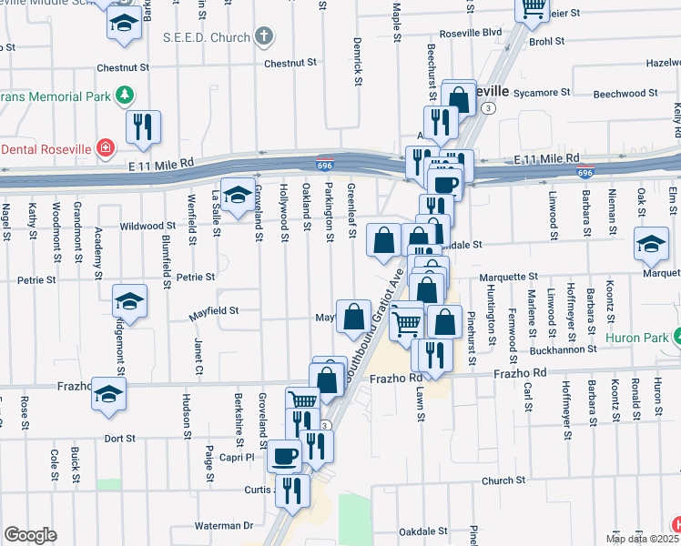 map of restaurants, bars, coffee shops, grocery stores, and more near 26506 Parkington Street in Roseville