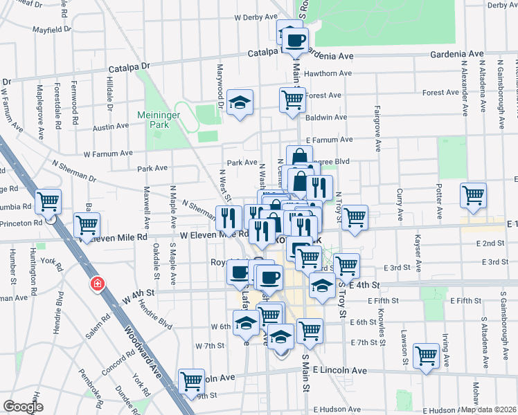 map of restaurants, bars, coffee shops, grocery stores, and more near 118 North Washington Avenue in Royal Oak