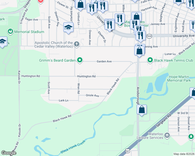 map of restaurants, bars, coffee shops, grocery stores, and more near 1445 Huntington Road in Waterloo