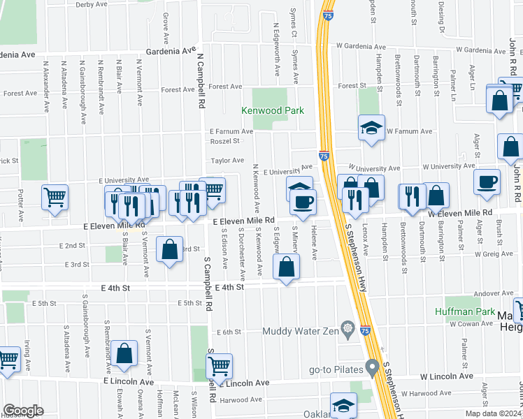 map of restaurants, bars, coffee shops, grocery stores, and more near 114 North Kenwood Avenue in Royal Oak