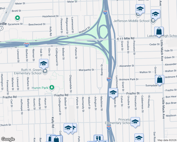 map of restaurants, bars, coffee shops, grocery stores, and more near 26314 Normandy Street in Roseville