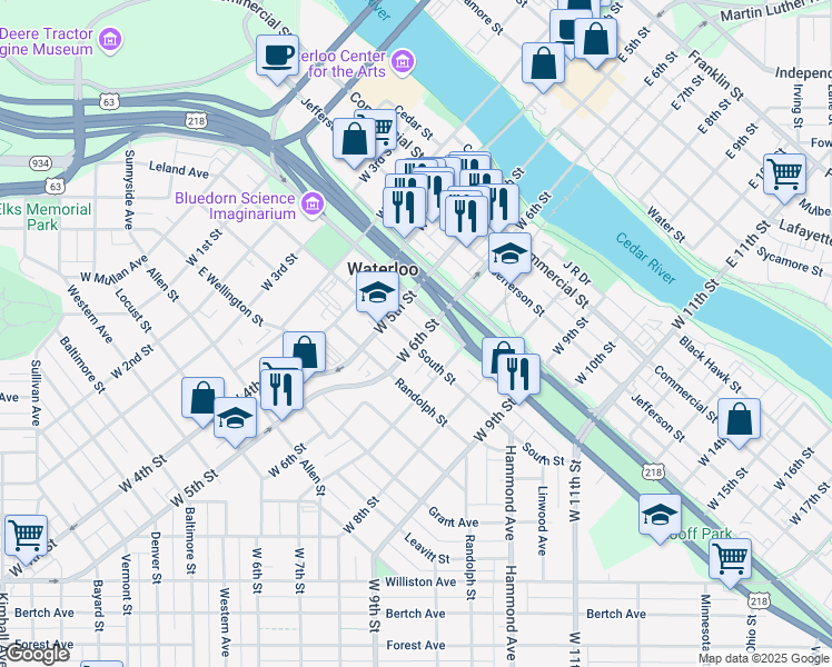 map of restaurants, bars, coffee shops, grocery stores, and more near 715 South Street in Waterloo