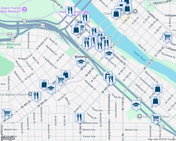 map of restaurants, bars, coffee shops, grocery stores, and more near 715 South Street in Waterloo