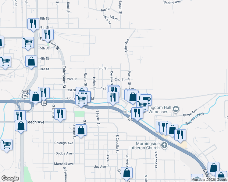 map of restaurants, bars, coffee shops, grocery stores, and more near 198 South Cecelia Street in Sioux City