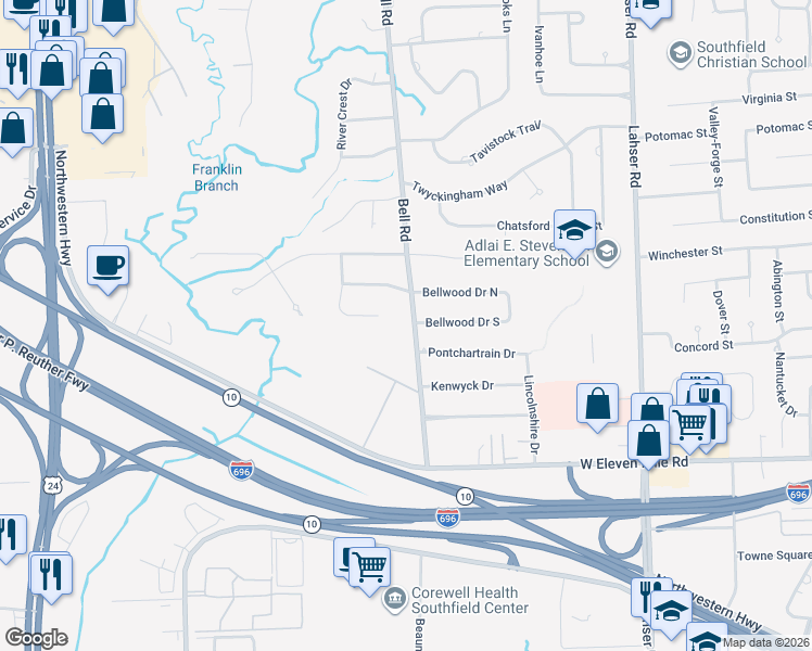map of restaurants, bars, coffee shops, grocery stores, and more near 27491 Bell Road in Southfield