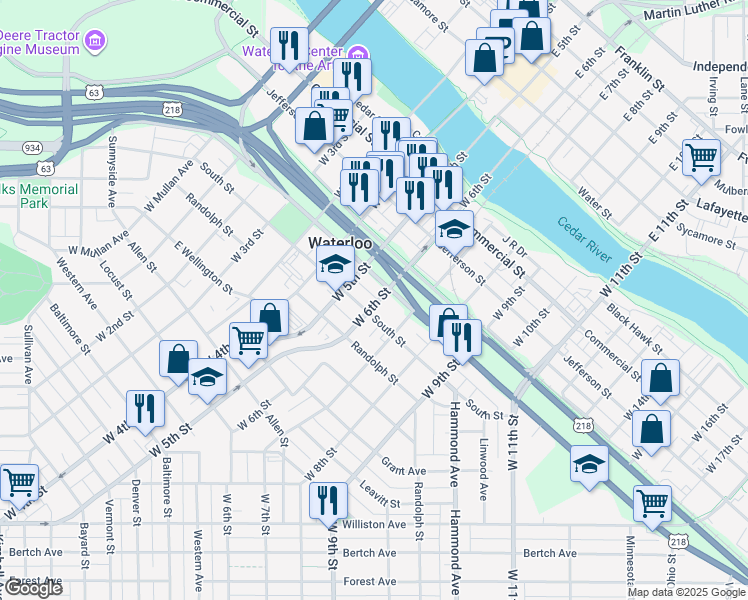 map of restaurants, bars, coffee shops, grocery stores, and more near 516 West 6th Street in Waterloo