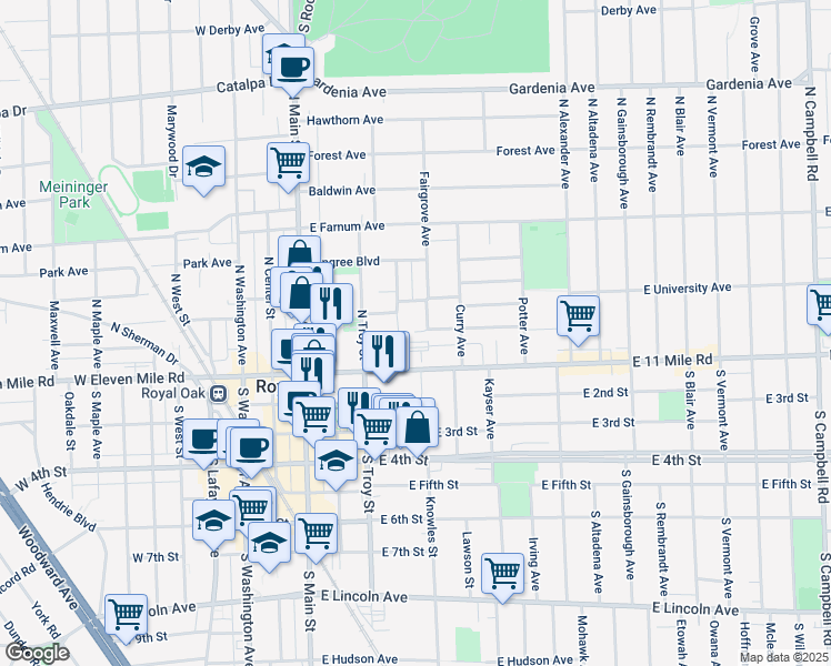 map of restaurants, bars, coffee shops, grocery stores, and more near 333 East Eleven Mile Road in Royal Oak