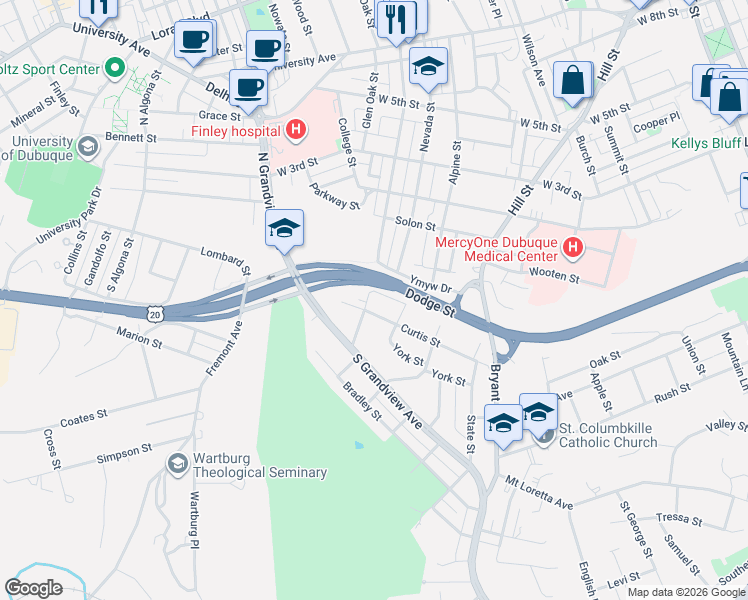map of restaurants, bars, coffee shops, grocery stores, and more near 1465 Curtis Street in Dubuque