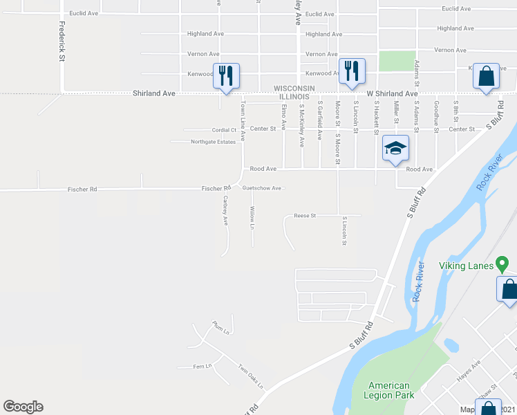 map of restaurants, bars, coffee shops, grocery stores, and more near 423 Willow Lane in South Beloit
