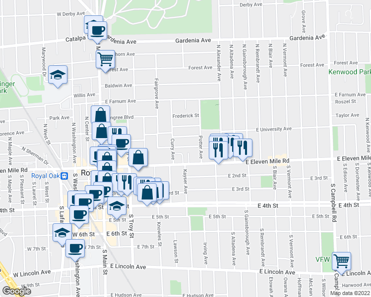 map of restaurants, bars, coffee shops, grocery stores, and more near 626 Chambers Street in Royal Oak