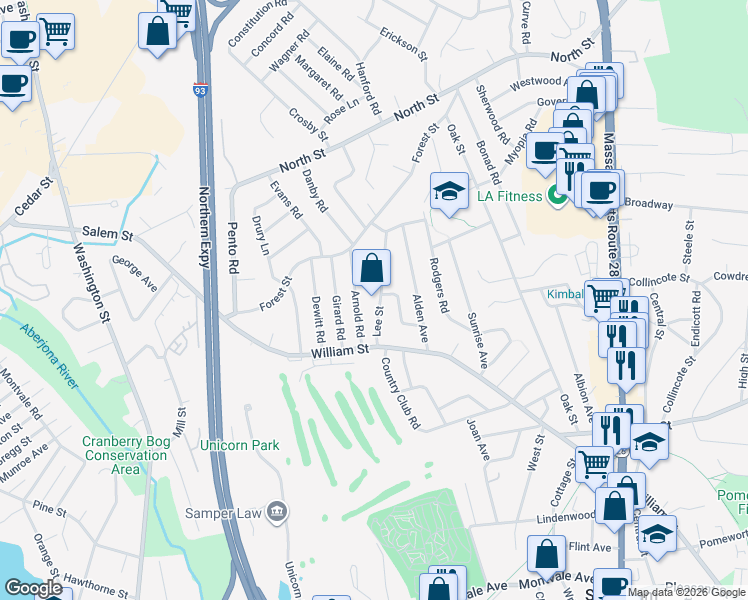 map of restaurants, bars, coffee shops, grocery stores, and more near 15 Lee Street in Stoneham