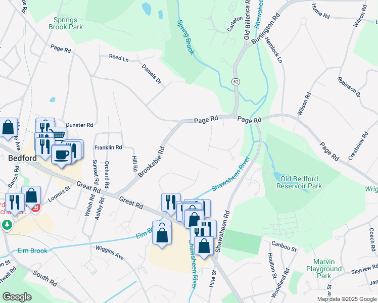 map of restaurants, bars, coffee shops, grocery stores, and more near 5 Jonathan Lane in Bedford