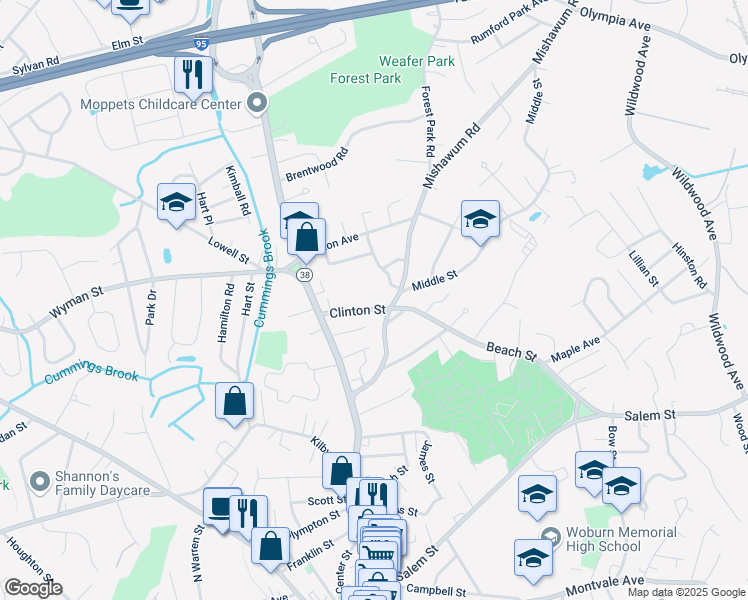 map of restaurants, bars, coffee shops, grocery stores, and more near in Woburn