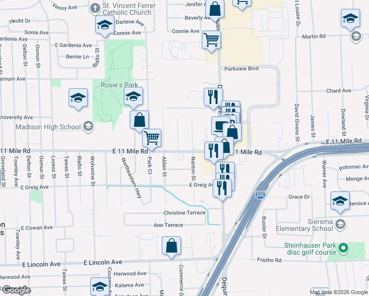 map of restaurants, bars, coffee shops, grocery stores, and more near 1642 East Eleven Mile Road in Madison Heights