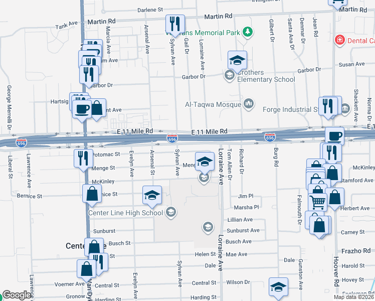 map of restaurants, bars, coffee shops, grocery stores, and more near 8537 Menge Street in Center Line