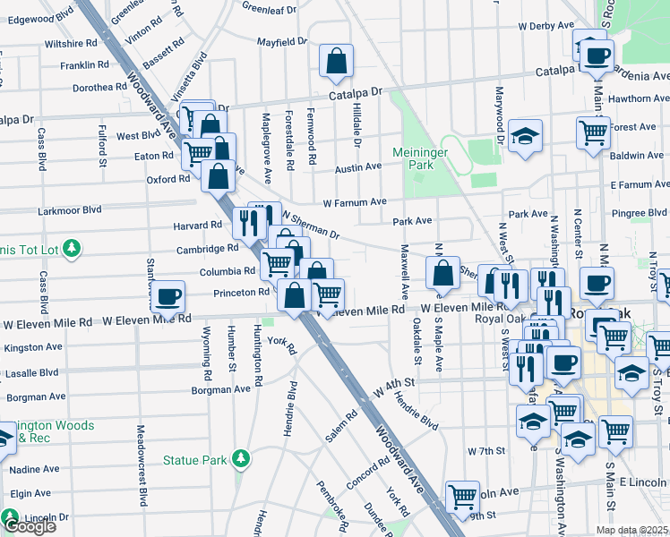 map of restaurants, bars, coffee shops, grocery stores, and more near 202 Baker Street in Royal Oak