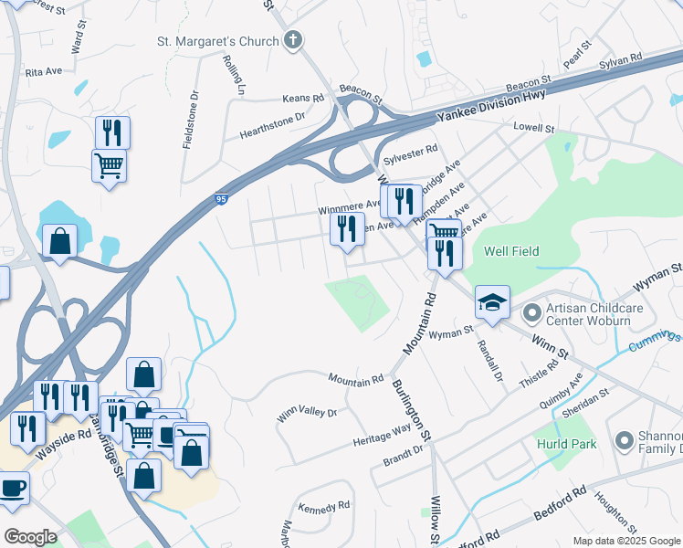 map of restaurants, bars, coffee shops, grocery stores, and more near 2 Edgemere Avenue in Burlington