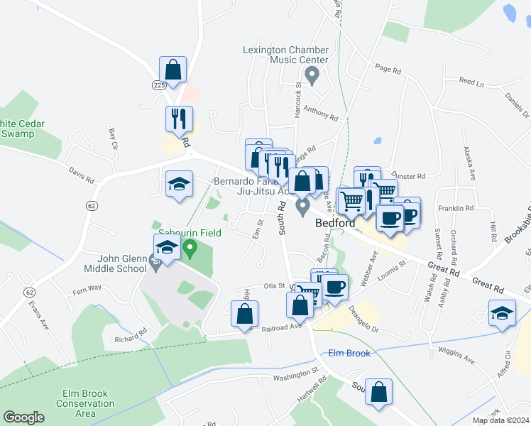 map of restaurants, bars, coffee shops, grocery stores, and more near 34 Maple Street in Bedford