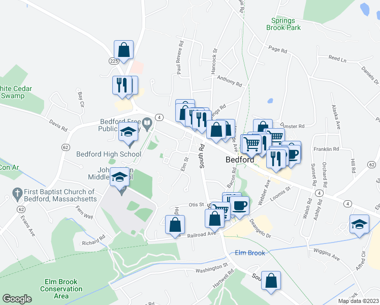 map of restaurants, bars, coffee shops, grocery stores, and more near 52 Maple Street in Bedford