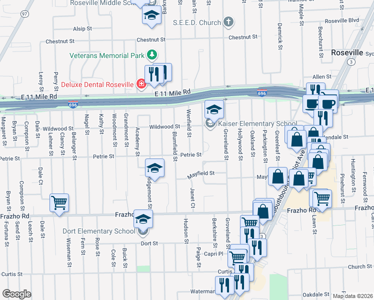 map of restaurants, bars, coffee shops, grocery stores, and more near 26400 Blumfield Street in Roseville