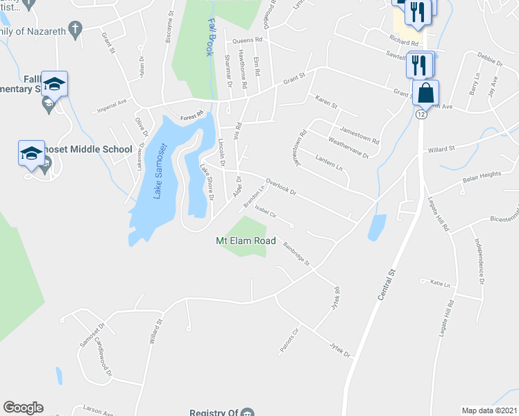 map of restaurants, bars, coffee shops, grocery stores, and more near Isabel Circle in Leominster